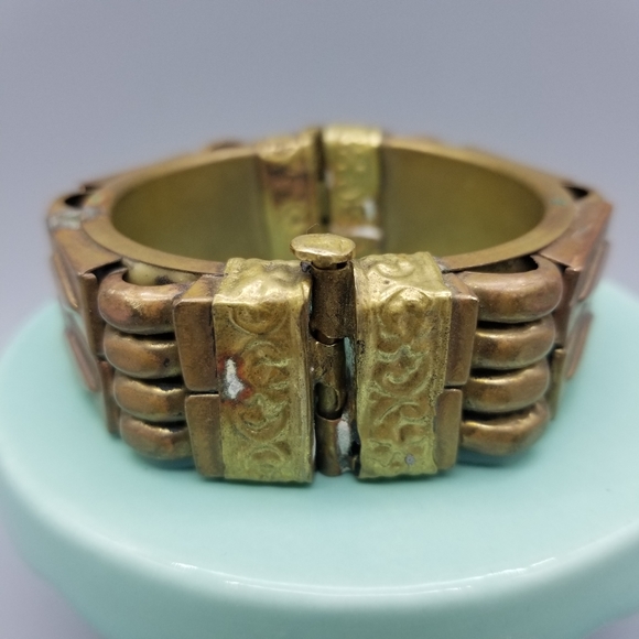 Vintage Chunky Pin Hinged Tribal Brass Or Copper Bracelet - Picture 7 of 10